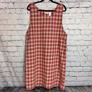 Vtg 90s Liz Claiborne Red Tan Plaid Sleeveless Pinafore Dress 100% Cotton Size L